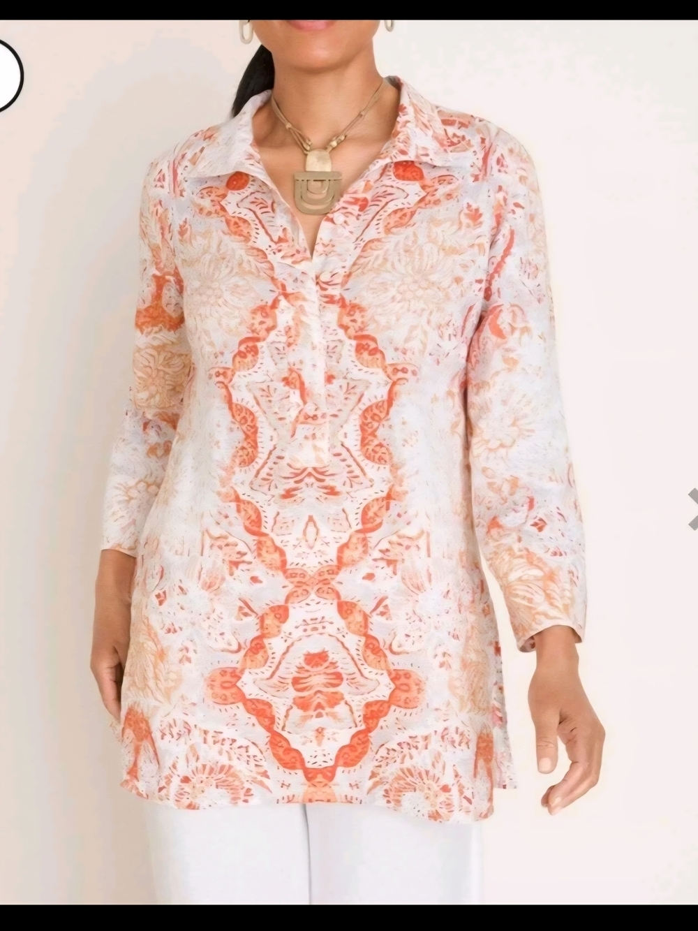 Chico's White Tunic with Coral and Peach Medallion Print